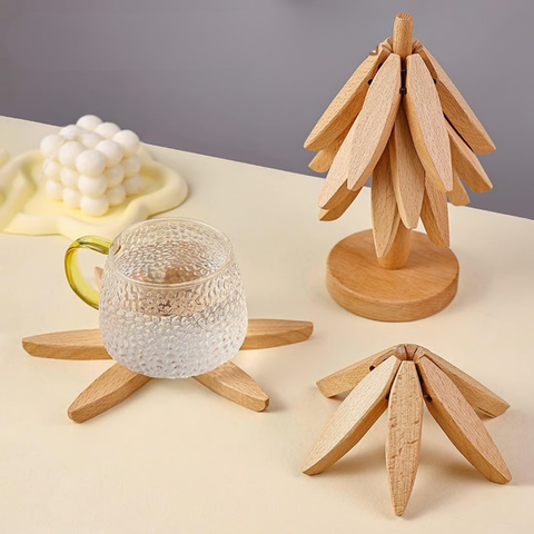 Wooden Tree Trivet Set – Foldable Heat-Resistant Table Protectors (4 pcs)