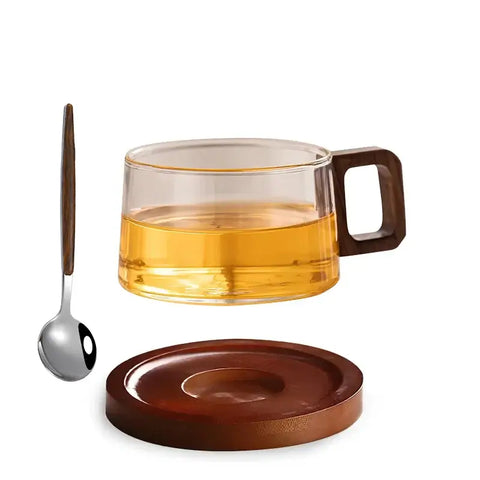 Walnut Harmony – Handcrafted Glass Cup & Saucer - 3 Pieces Set