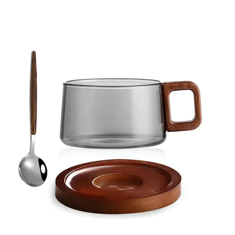 Walnut Harmony – Handcrafted Glass Cup & Saucer - 3 Pieces Set