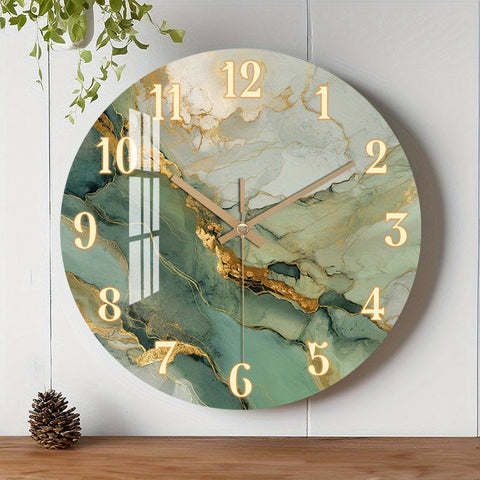 Abstract Marble & Wood Wall Clock – Silent Round Clock with Gold Accents