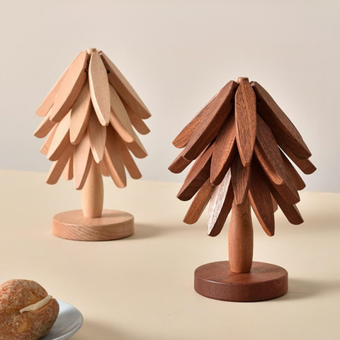 Wooden Tree Trivet Set – Foldable Heat-Resistant Table Protectors (4 pcs)