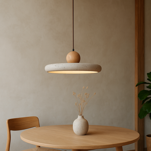 Travertine & Wood Pendant Light – Natural Stone Ceiling Lamp