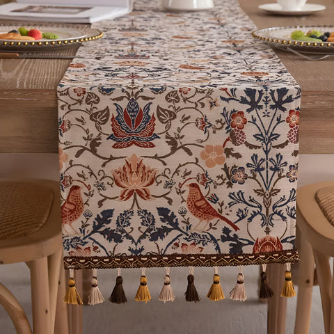 Jacquard Table Runner Vintage Floral & Bird Design