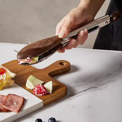 Stainless Steel Kitchen Tongs with Wooden Handle – Locking BBQ Tongs