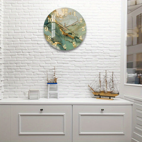 Abstract Marble & Wood Wall Clock – Silent Round Clock with Gold Accents