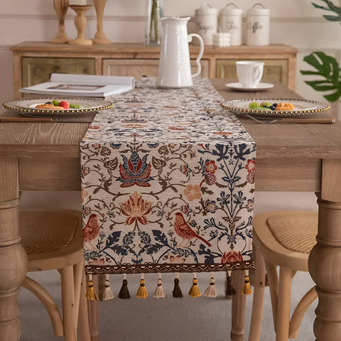 Jacquard Table Runner Vintage Floral & Bird Design
