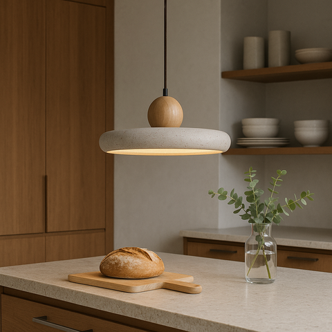 Travertine & Wood Pendant Light – Natural Stone Ceiling Lamp