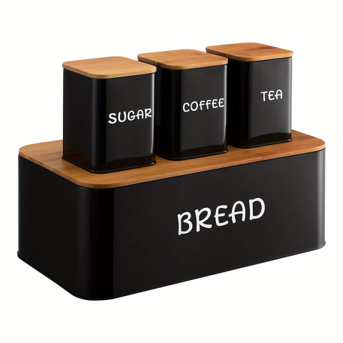 Bread Box Set with Tea, Coffee & Sugar Canisters – Bamboo Lid Kitchen Storage