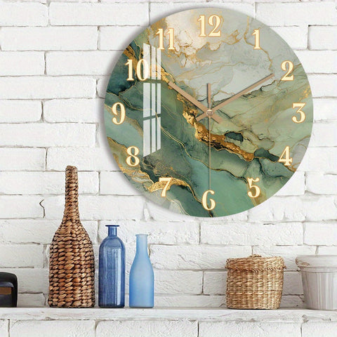 Abstract Marble & Wood Wall Clock – Silent Round Clock with Gold Accents