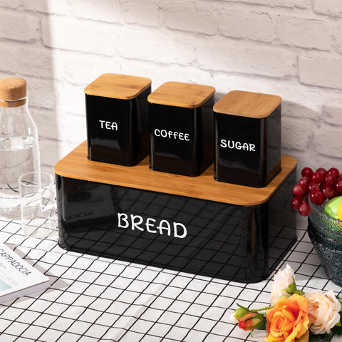 Bread Box Set with Tea, Coffee & Sugar Canisters – Bamboo Lid Kitchen Storage