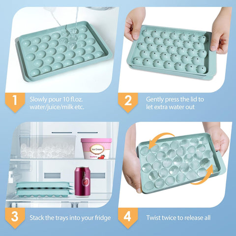 Round Ice Cube Trays with Lid & Bin – 2-Pack Freezer Ice Molds, 0.8"