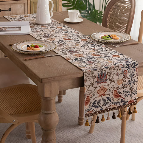 Jacquard Table Runner Vintage Floral & Bird Design