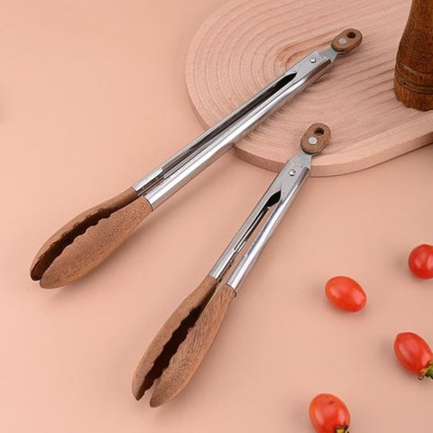 Stainless Steel Kitchen Tongs with Wooden Handle – Locking BBQ Tongs