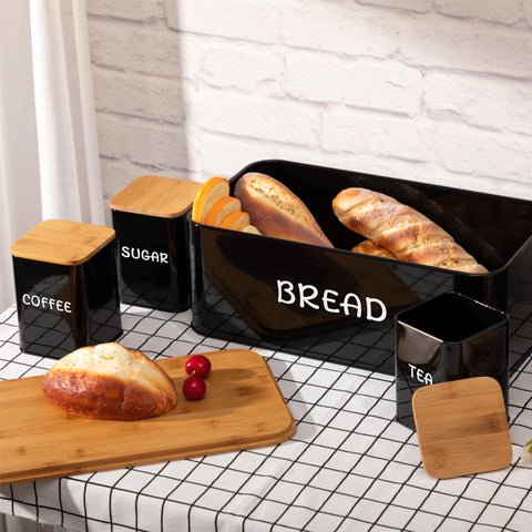 Bread Box Set with Tea, Coffee & Sugar Canisters – Bamboo Lid Kitchen Storage