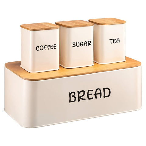 Bread Box Set with Tea, Coffee & Sugar Canisters – Bamboo Lid Kitchen Storage