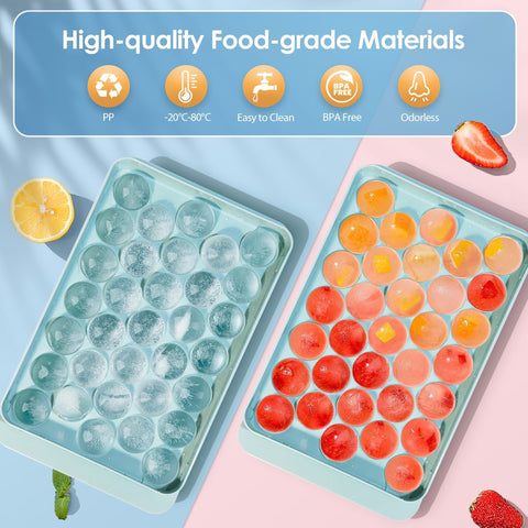 Round Ice Cube Trays with Lid & Bin – 2-Pack Freezer Ice Molds, 0.8"