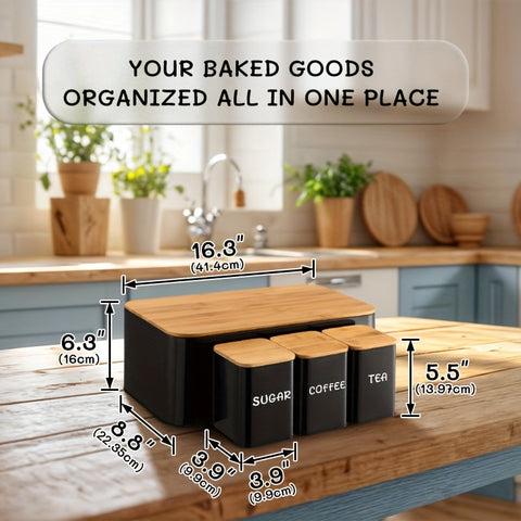 Bread Box Set with Tea, Coffee & Sugar Canisters – Bamboo Lid Kitchen Storage
