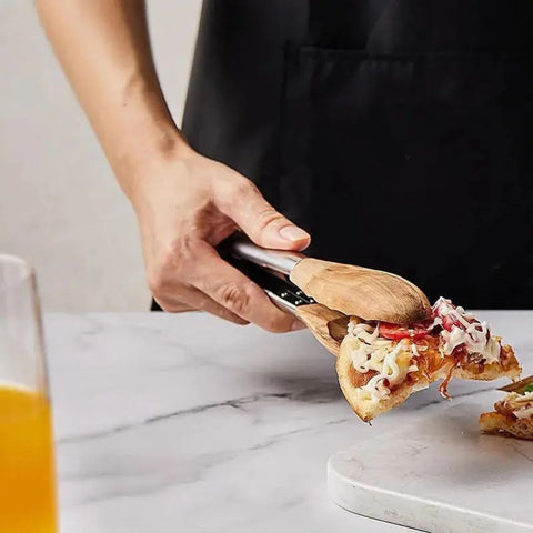 Stainless Steel Kitchen Tongs with Wooden Handle – Locking BBQ Tongs