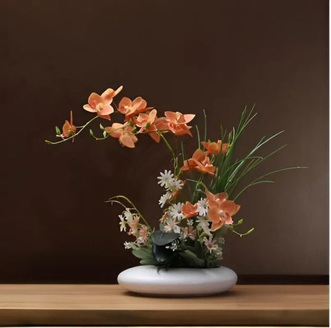 Modern Ceramic Vase with Orchid Faux Flower Figurines