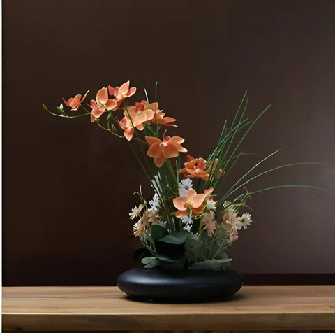 Modern Ceramic Vase with Orchid Faux Flower Figurines
