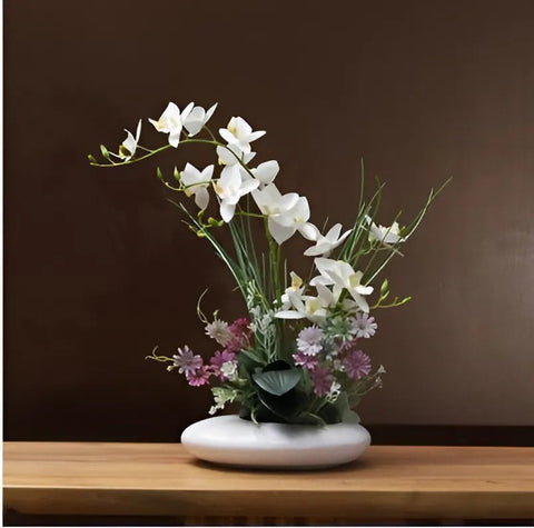 Modern Ceramic Vase with Orchid Faux Flower Figurines