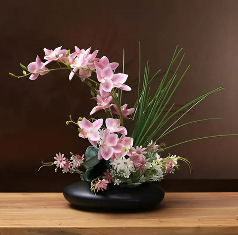 Modern Ceramic Vase with Orchid Faux Flower Figurines