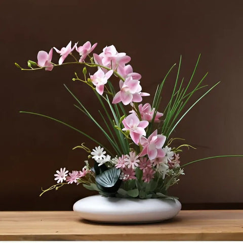 Modern Ceramic Vase with Orchid Faux Flower Figurines