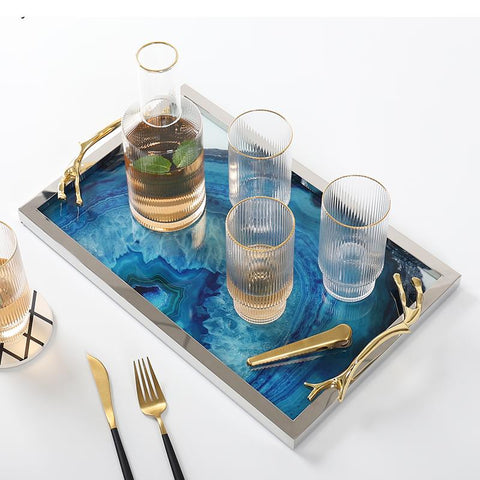 Blue Agate Glass Serving Tray | Stainless Steel Frame