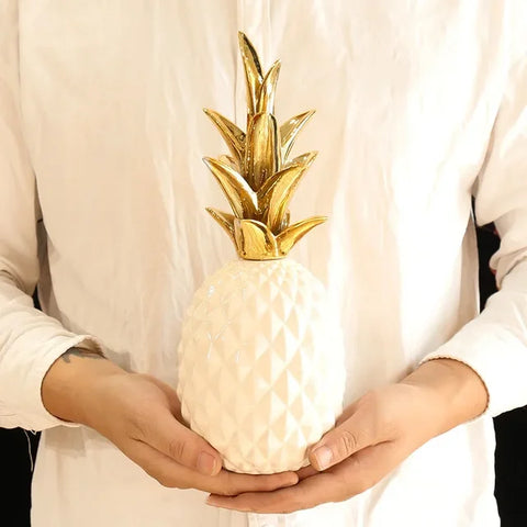 Tropical Pineapple Figurine | White Resin & Gold Crown