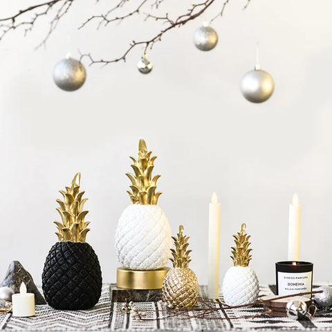 Tropical Pineapple Figurine | White Resin & Gold Crown
