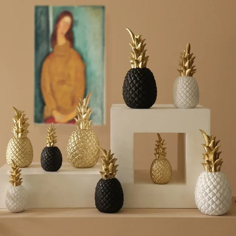 Tropical Pineapple Figurine | White Resin & Gold Crown
