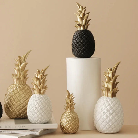 Tropical Pineapple Figurine | White Resin & Gold Crown