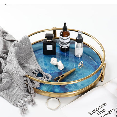 Blue Agate Glass Serving Tray | Stainless Steel Frame