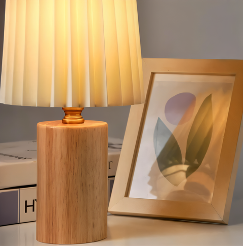 ScandiChic Wooden Table Lamp – Nordic Pleated Fabric Design