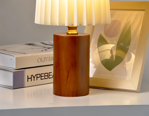 ScandiChic Wooden Table Lamp – Nordic Pleated Fabric Design