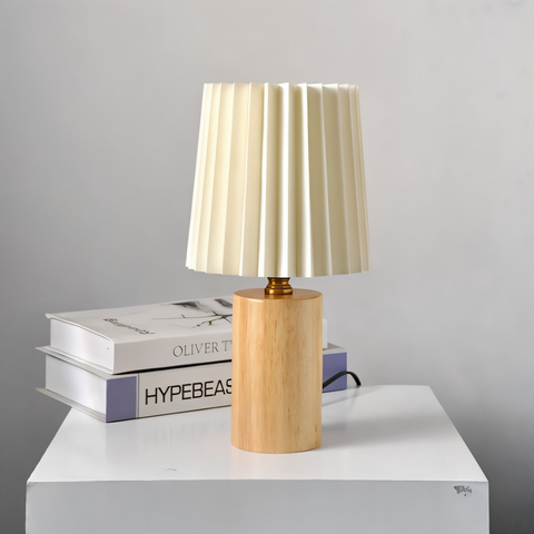 ScandiChic Wooden Table Lamp – Nordic Pleated Fabric Design