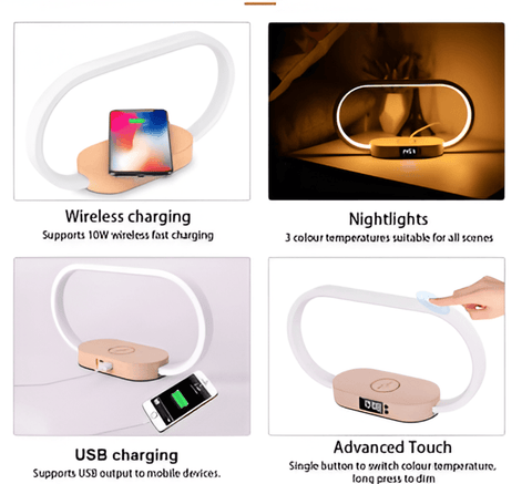 SmartiOne LED Night Lamp – Multifunctional Bedside Lamp with Wireless Charger & Digital Clock