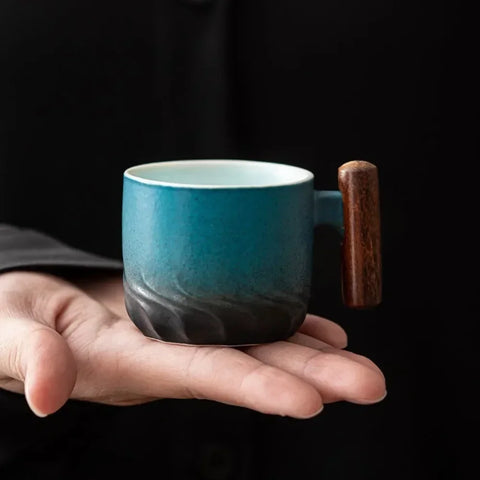 Vintage Espresso Cups With Wooden Handle - Ceramic Design