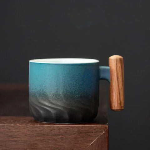 Vintage Espresso Cups With Wooden Handle - Ceramic Design