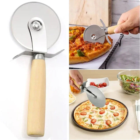 Stainless Steel Pizza Cutter – Sharp Cutting Wheel with Wooden Handle for Easy Slicing