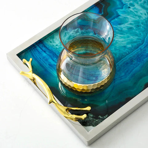 Blue Agate Glass Serving Tray | Stainless Steel Frame