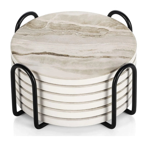 Marble Effect Ceramic Coaster Set with Holder – 6-Piece Heat-Resistant Table Protection