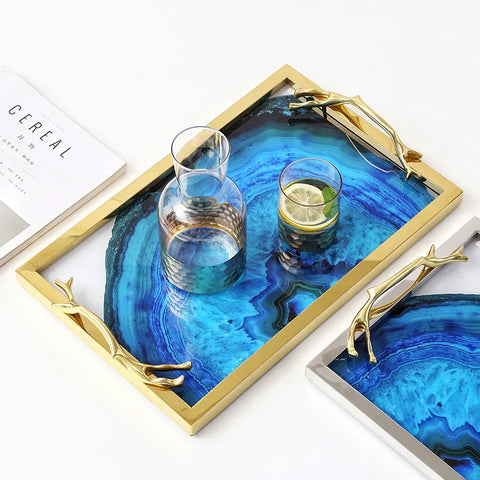 Blue Agate Glass Serving Tray | Stainless Steel Frame