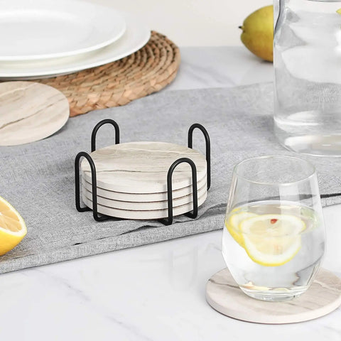 Marble Effect Ceramic Coaster Set with Holder – 6-Piece Heat-Resistant Table Protection