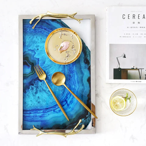 Blue Agate Glass Serving Tray | Stainless Steel Frame