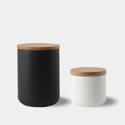 Ceramic Storage Jar – Black or White with Natural Wood Lid