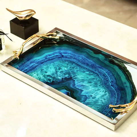 Blue Agate Glass Serving Tray | Stainless Steel Frame