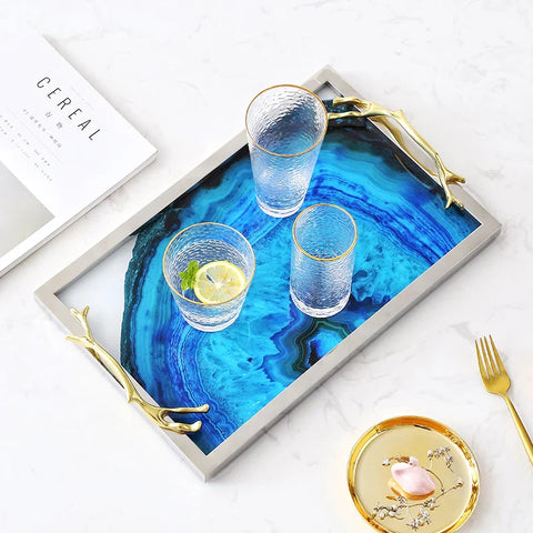 Blue Agate Glass Serving Tray | Stainless Steel Frame