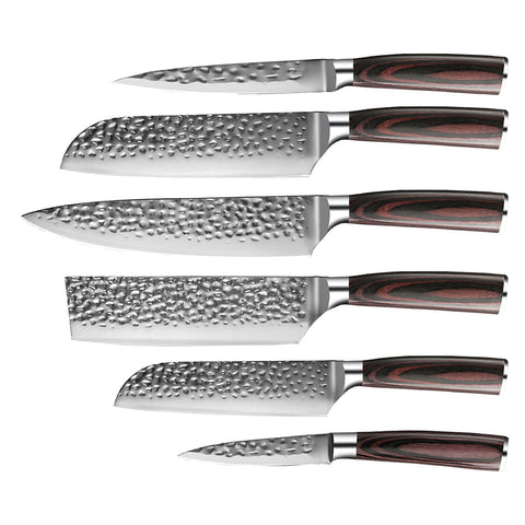 Hammered Stainless Steel 6-Piece Knife Set + Acacia Magnetic Holder