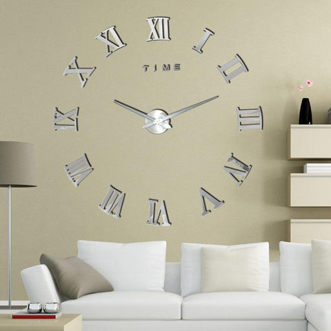Modern Silver Mirror Wall Clock with Roman Numerals